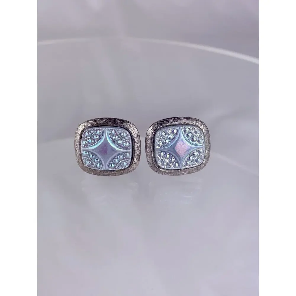 Light Blue Iridescent Lucite Silver Tone Cufflinks Acrylic Diamond Star Vintage